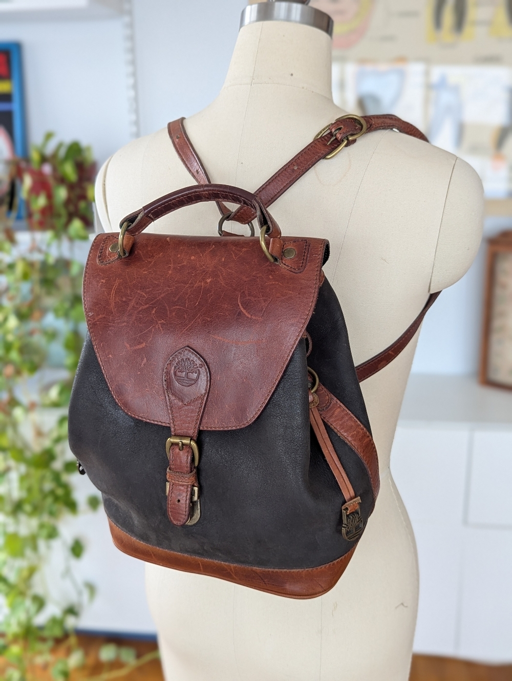 Rare Vintage Timberland Convertible Black and Brown Leather-Trim Bag